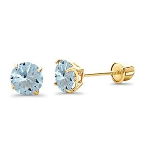 Solid 14K Yellow Gold Round Aquamarine CZ Stud Earrings Screw Back 5mm